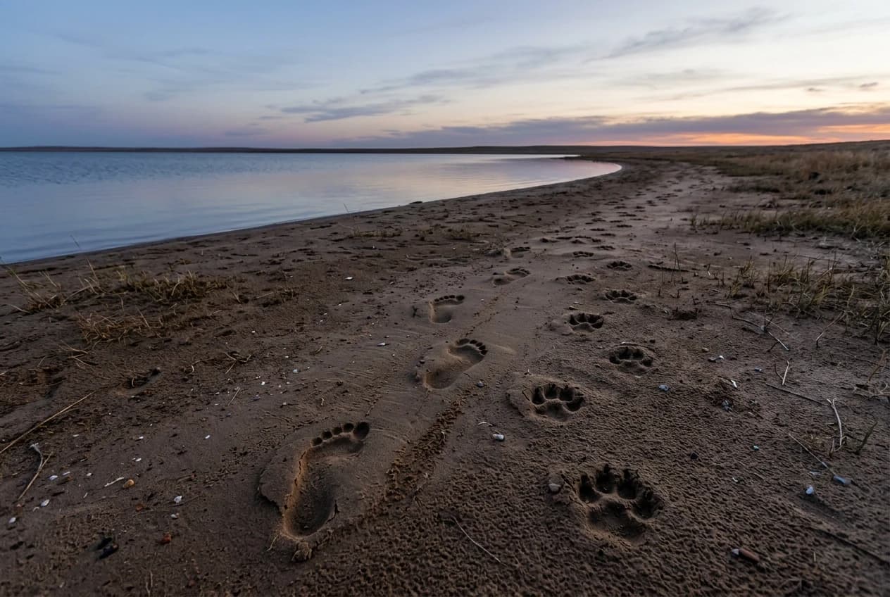Фотореалистичная сцена: песчаный берег степного озера на рассвете или закате, мягкий низкий свет, спокойная вода, редкая сухая трава и широкий открытый горизонт. На переднем плане по влажному песку вдоль кромки воды тянется цепочка чётких следов босого человека. Внезапно человеческие следы обрываются, и дальше в том же направлении вместо них продолжается цепочка следов волка. Атмосфера загадочная, тревожная, без людей и животных в кадре. Детализированная фактура песка, естественные тени, реалистичные отпечатки лап и ступней, кинематографичная композиция, высокая детализация, natural light, photorealism