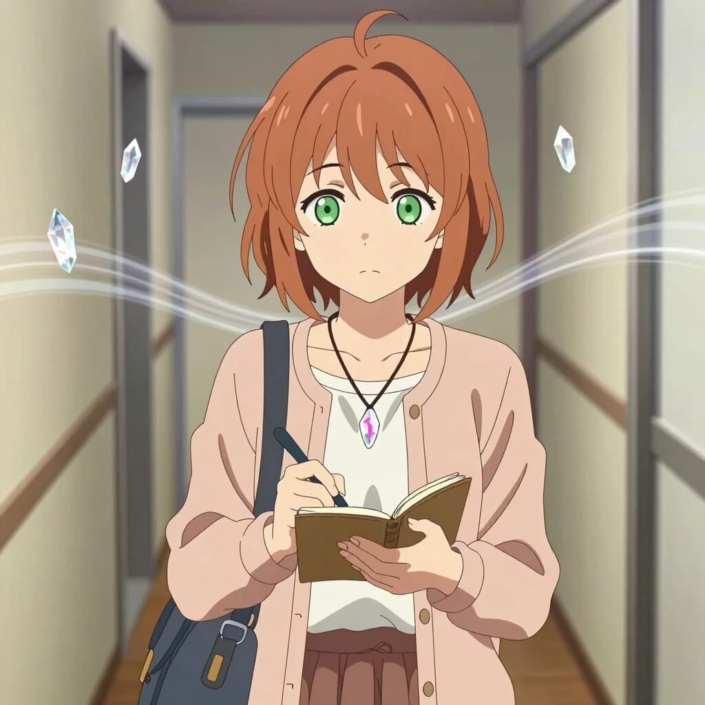 Anime-style portrait, medium close-up, modern Japanese animation style. A young girl with short, slightly tousled chestnut hair and calm green eyes. She’s in a hurry but not panicked: one hand holds the strap of a small bag, the other scribbles something in a tiny notebook. Outfit: soft light cardigan over a simple white shirt, skirt with delicate ruffles, fabric looks natural and comfortable. Around her neck — a thin cord with a small clear crystal that has a faint pinkish streak inside. Background: a quiet hallway with translucent crystals growing softly from the walls, warm morning light, subtle flowing lines like gentle sound waves. Color palette: muted beige, dusty pink, green, brown. Soft focus on the background, sharp detail on the girl’s face, hair, and the crystal. No text, no symbols, no logos.