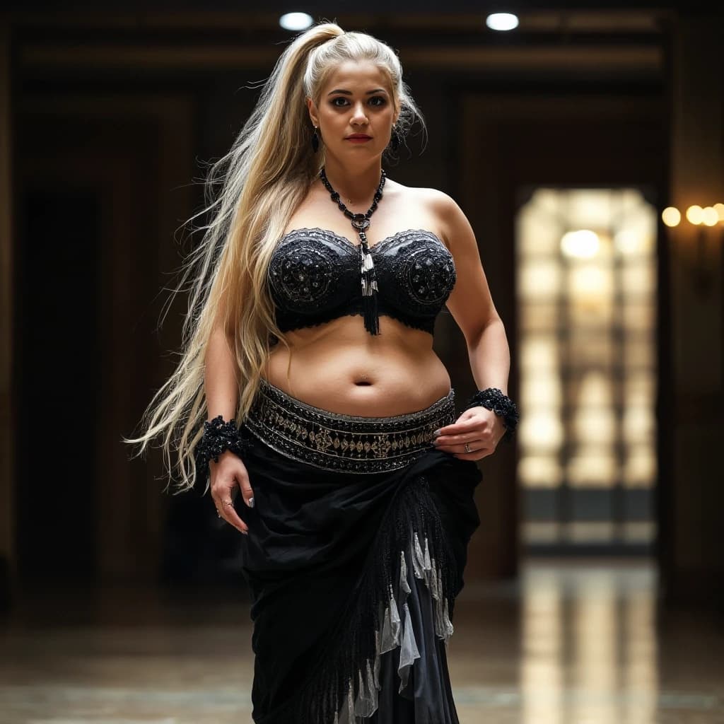 front view chubby belly dancer thirty years woman in black and grey and white costume blonde long ponytail hair stand in hall