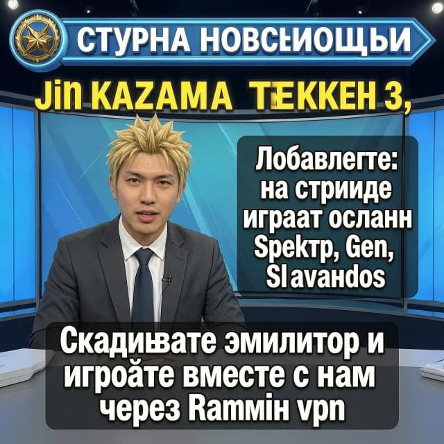язык текста русский. Студия новостей, Jin Kazama ведет новости Теккен 3, и объявляет, что на стриме сегодня играют онлайн Spektr, Gen, Slavandos. ведущий сообщает: Скачивайте эмулятор и играйте вместе с нами через Radmin vpn