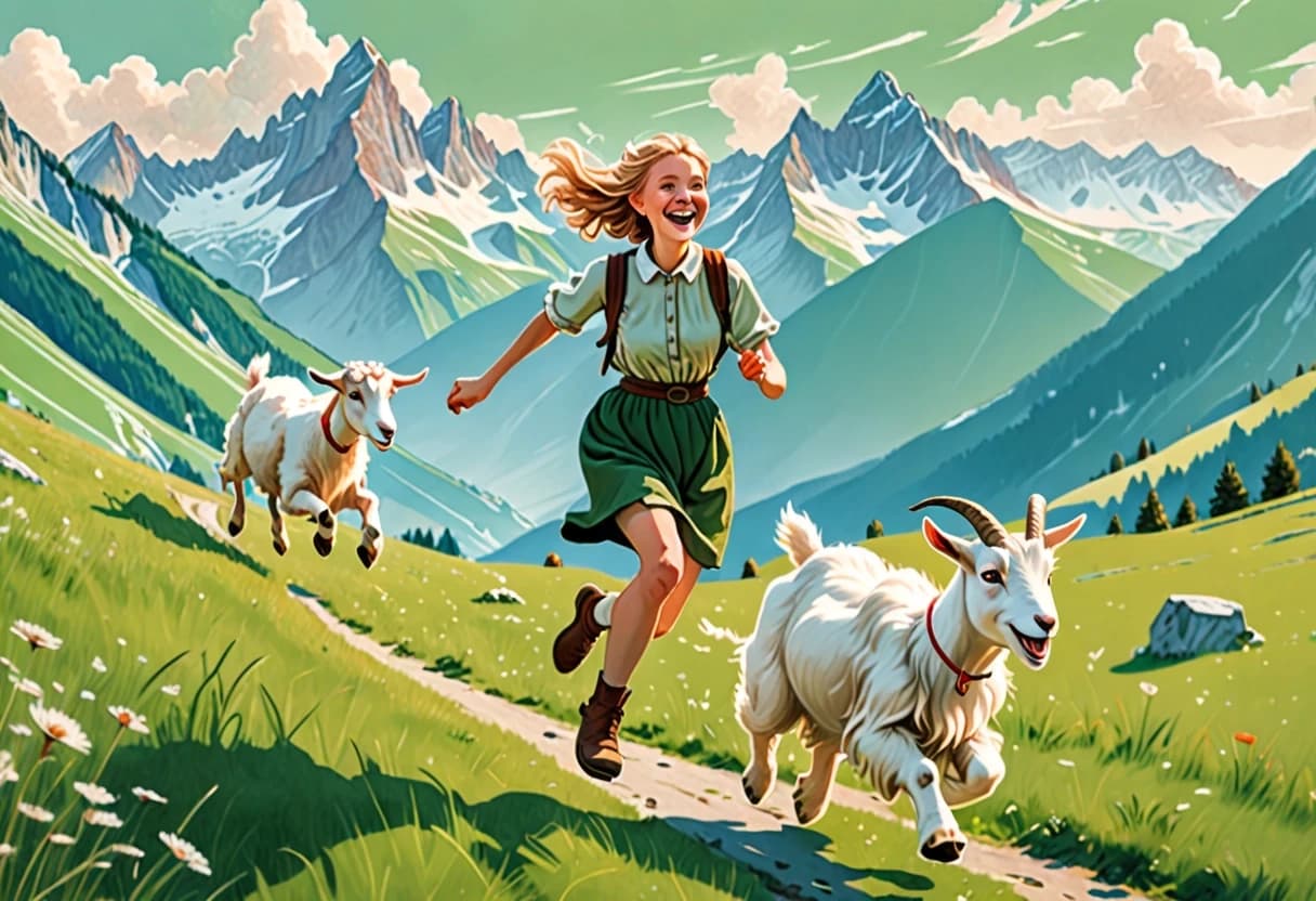 A joyful 16:9 illustration of Heidi running ahead to greet her grandfather in the Alps, led by a young woman. A white goat and a big fluffy dog are jumping with excitement. The vast green pasture stretches to the horizon with sharp mountain peaks behind. Soft, hazy lighting, pastel shades, intricate ink details, cheerful and sweet fairytale aesthetic, masterpiece quality.