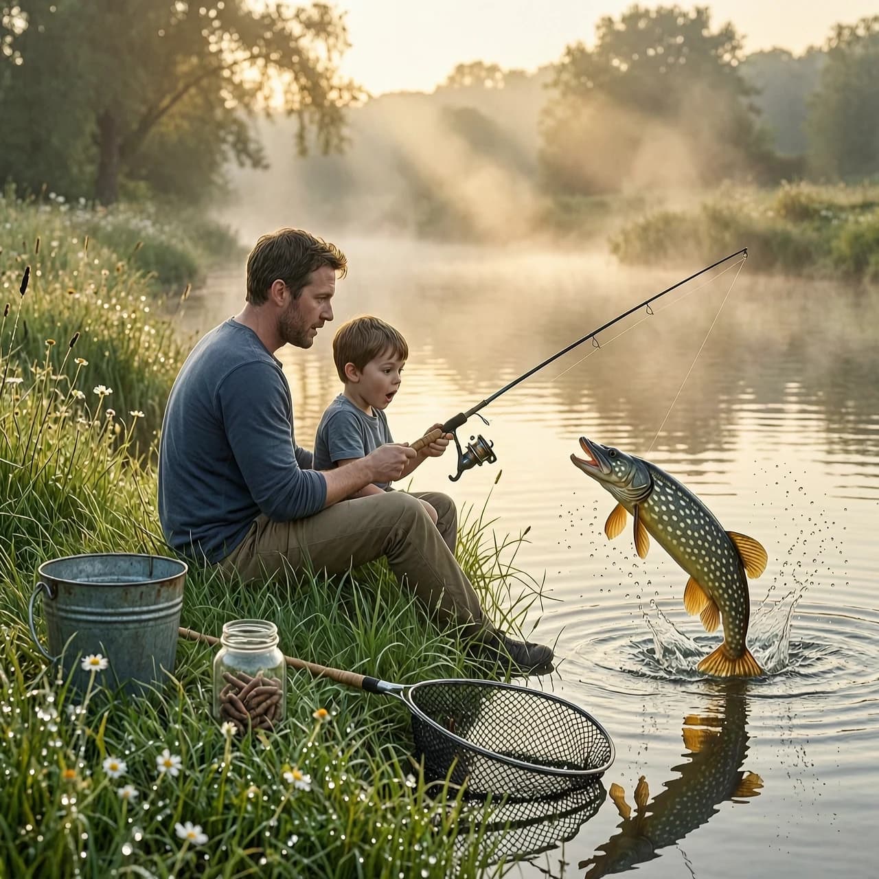 High-quality digital book illustration with rich, painterly textures and expressive, visible brushstrokes. A cinematic scene at a quiet riverbank during the ethereal pre-dawn twilight. A young father and his small son are sitting on the grassy shore with fishing rods. The foreground is highly detailed, featuring realistic fishing gear: a small glass jar of worms, a landing net, and a weathered metal bucket resting among lush river grass and dew-covered wildflowers. The climax of the action: a large, shimmering pike escapes the boy's hook, captured mid-splash as it plunges back into the water with dynamic droplets flying through the air. The boy's face is frozen in a vivid expression of pure astonishment and wonder. Lighting is cinematic and magical, with warm, golden rays of the rising sun piercing through a soft, swirling morning mist, creating volumetric light beams (god rays). Shallow depth of field with a creamy, soft bokeh effect blurs the lush, verdant river landscape in the background. The atmosphere is deeply emotional, nostalgic, and heartwarming, reminiscent of a classic fairytale concept art.