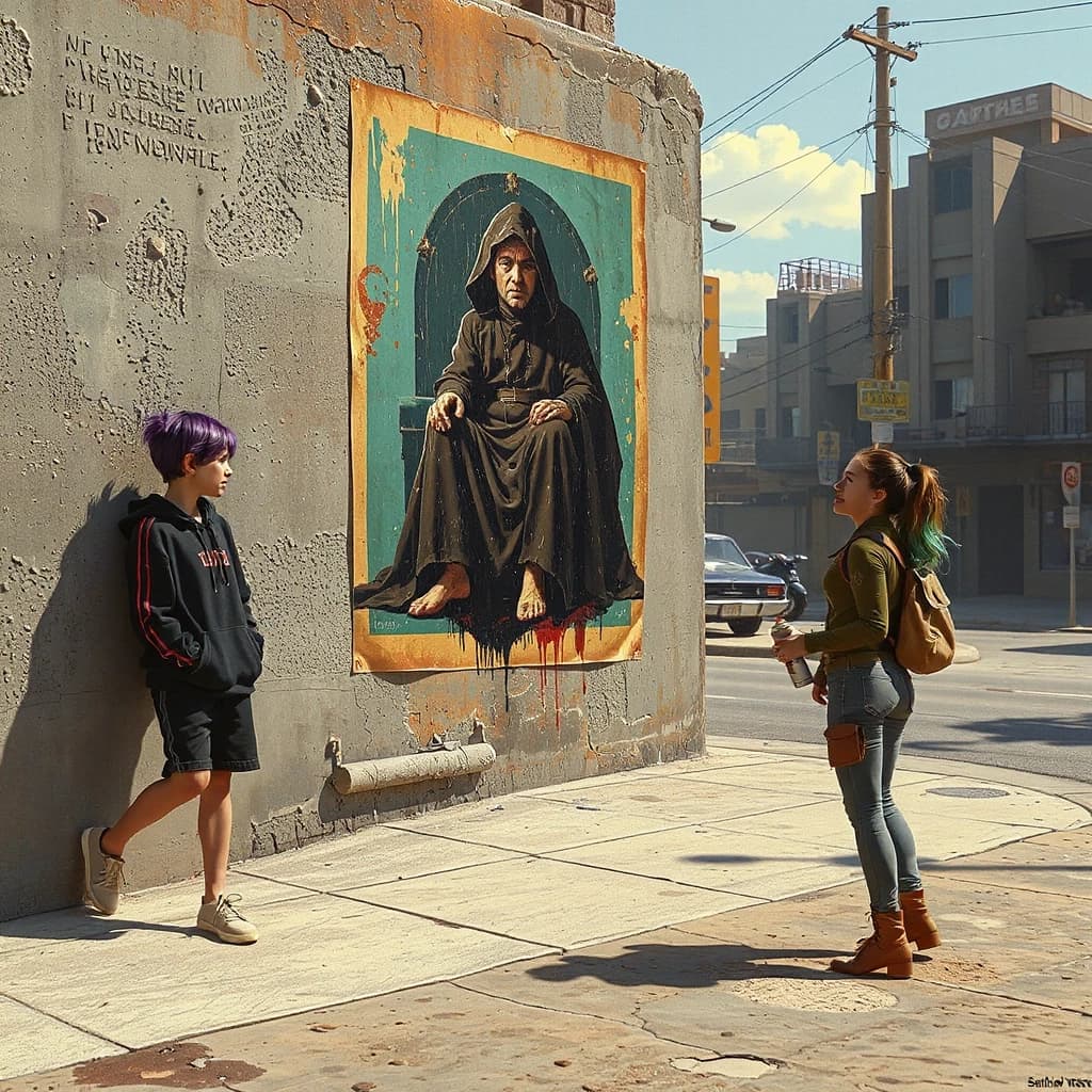 Cinematic sci-fi concept art. On a dusty concrete street corner of a Lothal city, a 16-year-old girl with bright purple hair and a black hoodie is standing next to a wall. On the wall is a large, heavily defaced futuristic propaganda poster: the central figure on the poster has been humorously repainted to look like a scruffy, ragged rat wearing a dark hooded robe on a throne. Standing a few steps away, Sabine Wren with her colorful hair is watching the girl with a wide, impressed and amused smile, holding a spray paint can. Gritty realistic style, weathered textures, dusty sunny daylight of Lothal, 1980s space adventure cinema aesthetic, high detail.