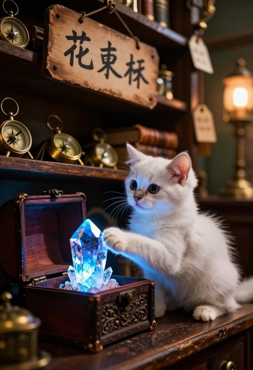 Photorealistic, 8K, cinematic. A cozy vintage shop with a worn wooden sign and handwritten price tags. The shelves are packed with old trinkets, brass compasses, and leather-bound books. In the foreground, a tiny fluffy white kitten is sitting next to an open antique wooden box with intricate carvings. The kitten’s paw is gently touching a glowing blue crystal inside the box — the crystal emits a soft, magical light that illuminates the kitten’s face and the immediate area.

The camera angle is a tight, low-angle close-up, almost at the kitten’s eye level, looking slightly up at the crystal and the kitten’s face. This creates an intimate, magical perspective and emphasizes the kitten’s wide, curious eyes and delicate whiskers.

Lighting: the only light source is the glowing crystal, creating a dramatic spotlight effect. The rest of the shop is in deep, rich shadows, with just a hint of warm ambient light from a distant lamp. Rim light heavily outlines the kitten, making it stand out against the dark background.

Depth: the kitten and the crystal are in razor-sharp focus (macro detail on fur, whiskers, and the crystal’s facets), while the shop interior fades into soft, atmospheric haze. Textures: the grain of the old wood, the patina on the metal trinkets, the soft fluff of the kitten’s fur.