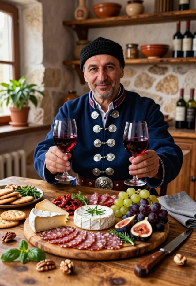 (Мужчина протягивает куки ладонями к камере как бы приглашая попробовать всё это. Он в кавказской национальной одежде с папахой:0.2) . Photorealistic, cinematic, 8K, highly detailed, warm natural lighting, soft depth of field. A middle‑aged man in a traditional Caucasian outfit — dark blue Circassian coat with silver cartridge holders (gazyrs), leather belt with ornate buckle, black knitted papakha — sits at a rustic wooden table, looking directly at the viewer with a gentle, welcoming smile. He holds two tall wine glasses filled with deep red wine, presenting them slightly forward in both hands.

In front of him is a large round wooden charcuterie board laden with an abundant spread: wedges of various cheeses (including a round camembert topped with a sprig of fresh herbs), thin slices of salami and other cured meats, clusters of green and dark purple grapes, halved figs, scattered walnuts and pecans, small crackers, sun‑dried tomatoes, and fresh herbs. A knife with a wooden handle lies on the table to the right, next to a casually draped grey cloth napkin. A few loose nuts and a single basil leaf are scattered in the foreground for added texture and realism.

The background features a cozy, rustic interior: textured stone or plaster walls, wooden shelves stocked with ceramic bowls, jars, and wine bottles, a window to the left with a green potted plant on the sill. Warm ambient light creates a welcoming, homely atmosphere reminiscent of a traditional feast. Style: hyper‑realistic food and portrait photography, rich in texture and color contrast, with a focus on warmth and hospitality.