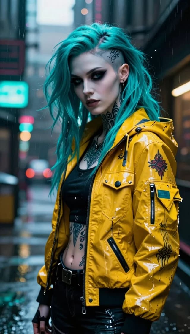 artsy_w0, A striking goth woman, 29 years old, with extremely pale porcelain skin, vivid turquoise hair styled in voluminous asymmetrical waves with partially shaved cyberpunk detailing, elegant dark eye makeup, soft matte lips, intense confident expression, intricate full-arm and neck tattoos in ornamental black and crimson patterns, wearing a distressed futuristic yellow cyberpunk jacket with black technical details over dark clothing.  A futuristic neon-lit cyberpunk city alley at night with soft atmospheric rain haze, glowing urban bokeh lights in cyan, blue, and amber tones, moody metropolitan background with depth and subtle industrial architecture.  Vertical portrait composition, close-up to mid-torso framing, subject centered and dominant, slight low camera angle for presence, subtle dutch tilt for dynamic energy, cinematic portrait lens look, shallow depth of field, strong background separation with rich bokeh.  Dramatic cinematic key light from upper front left, soft but contrast-rich facial illumination, subtle rim lighting along turquoise hair and jacket edges, glossy reflections on wet surfaces and jacket material, controlled shadow sculpting, atmospheric neon light spill in cyan and amber.  Photorealistic cinematic portrait blended with expressive digital paint aesthetics, stylized paint splashes and dripping brushstroke overlays integrated into the composition, rich texture fidelity, high-detail skin rendering, saturated cyberpunk color grading with cyan, yellow, black, crimson accents, premium editorial finish.  Only one woman, age clearly 29 years old, natural anatomy, five fingers per visible hand, realistic proportions, no extra limbs <lora:zit_ta86_artsy_women_V2:0.2> <lora:ZIT_TA86_Anime_Lab_Style1:0.3> <lora:zit_ta86_paintitv2:0.3>
Steps: 15, CFG scale: 1, Sampler: (None, Seed: 1084716008541669, VAE: ae.safetensors, Model: zit_ta86_allround.safetensors, Model hash: abbeda661f, Denoising strength: 0.45, Clip skip: 1