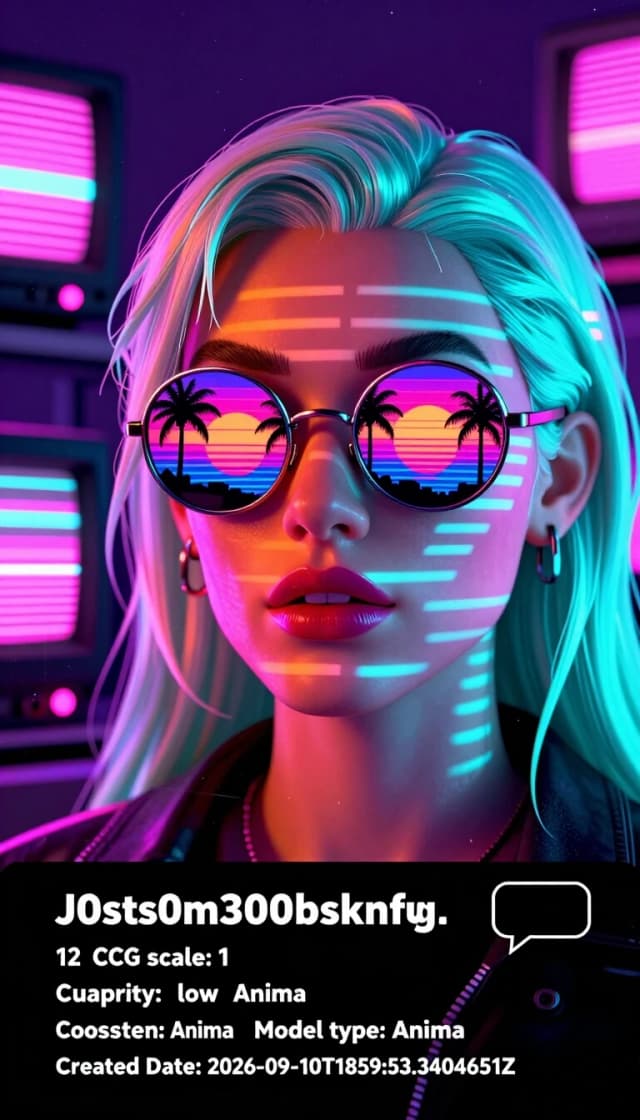 masterpiece, best quality, <lora:anima-turbo-lora-v0.2:1>  <lora: Justsomenoob_Anima:1> j0sts0m3n00bsknsfw,perfect face,  OFFiCIAL ART, DIGITAL ILLUSTRATION, 2.5D, bimbo lips, Portrait of a cyberpunk woman with wet-look pastel hair, illuminated by neon cyan and magenta CRT monitor scanlines and style, wearing round reflective chrome sunglasses capturing a vivid synthwave sunset grid with palm trees, horizontal scanline shadows across her face, background of retro vintage computers with blinking pink LEDs, VHS tracking distortion and heavy chromatic aberration, dreamlike vaporwave aesthetic, film grain, deep purple and electric orange color contrast, creamy bokeh, analog film grain, vintage book cover texture, grainy neo-noir thriller, halftone print noise, high contrast silhouettes
Negative prompt: worst quality, low quality, lowres, jpeg artifacts, bad hands, speech bubble, watermark, logo, bar censor, 3d, censored, monochrome, english text, ugly gun
Steps: 12, CFG scale: 1, Sampler: euler_ancestral, Seed: 1214678194, workflow: txt2img, width: 832, height: 1216, priority: low, quantity: 2, ecosystem: Anima, Model type: Anima, Created Date: "2026-09-10T1859:53.3404651Z", outputFormat: jpeg