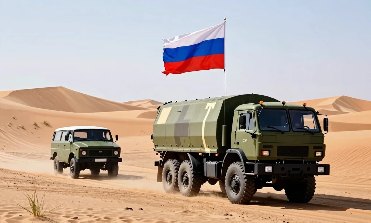 Военный камаз и уазик гонят по барханам, по песку, из камаза поднят российский флаг,