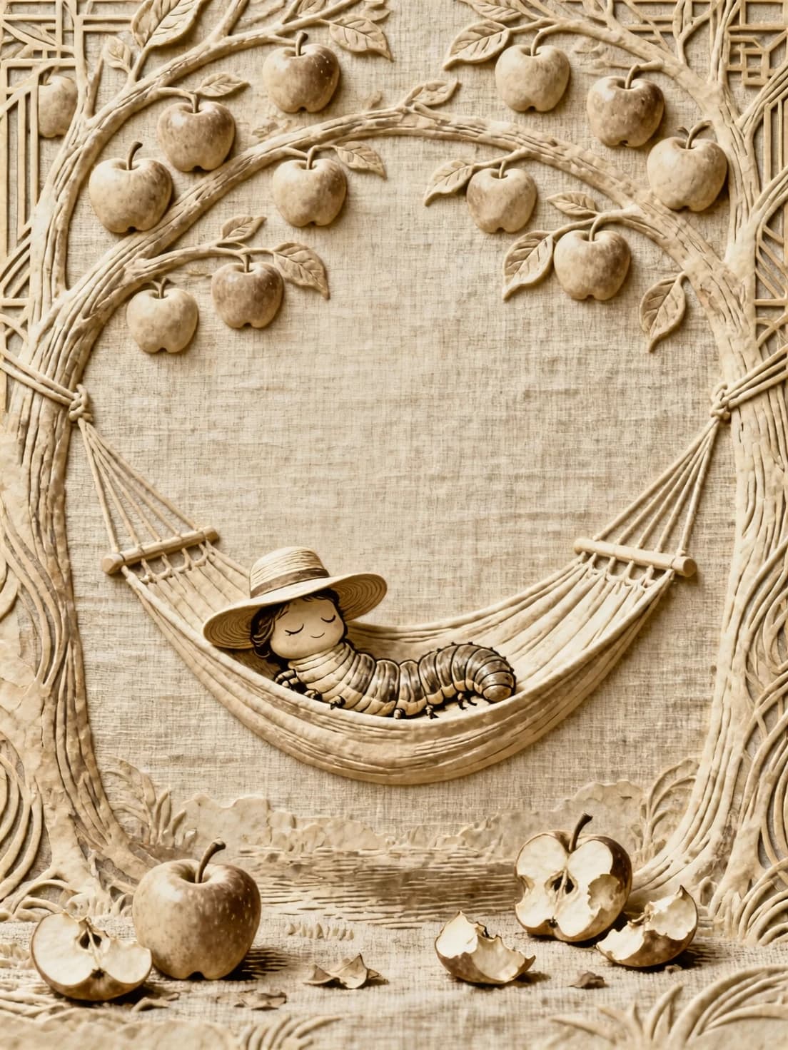 A beige linen background with a dense, well‑defined texture of watercolor paper. Like a logo or a tattoo. Beige on beige. An expressive embossing effect. An image of a hammock between two apple trees. A cartoon caterpillar in a woman’s hat is lying and sleeping in the hammock. Above the hammock, there are branches with apples. Below the hammock, there are apple cores. Everything is done using embossing. With elements of Art Nouveau and Art Deco. Raised.