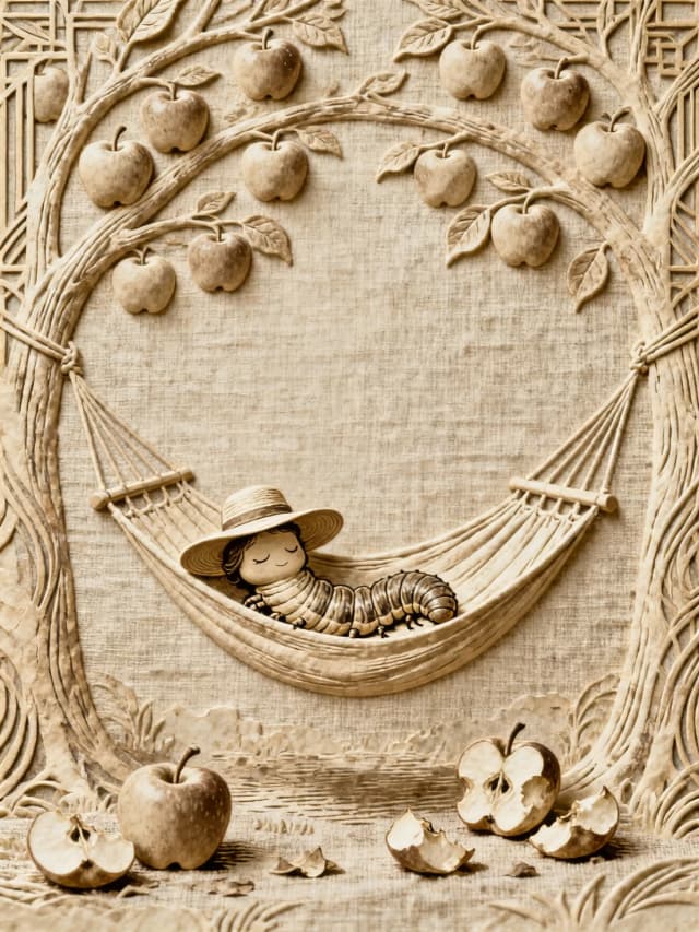 A beige linen background with a dense, well‑defined texture of watercolor paper. Like a logo or a tattoo. Beige on beige. An expressive embossing effect. An image of a hammock between two apple trees. A cartoon caterpillar in a woman’s hat is lying and sleeping in the hammock. Above the hammock, there are branches with apples. Below the hammock, there are apple cores. Everything is done using embossing. With elements of Art Nouveau and Art Deco. Raised.