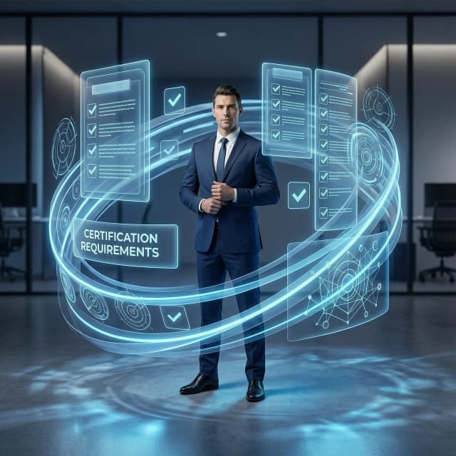 Modern sleek corporate tech aesthetic, cinematic 3D render with high-detail vector art infusion. A central professional character stands in a poised, confident stance, surrounded by a sophisticated vortex of floating, glowing holographic infographics and intricate 3D data visualizations. The composition centers on the concept of "Certification Requirements," visualized through layered translucent UI elements, ethereal floating checklists, luminous icons, and complex interconnected geometric diagrams. The color palette features a premium gradient of deep navy, electric blue, and vibrant cyan. Lighting is dramatic and cinematic, utilizing soft volumetric glows and light bloom emanating from the holographic data, casting subtle, realistic blue caustic reflections on the character and environment. The background is a minimalist, dark, high-end corporate workspace with a heavy shallow depth of field (bokeh effect) to create immense depth and focus on the digital elements. The style combines sharp, clean lines and precise typography-inspired shapes with smooth, polished 3D surfaces, conveying a sense of organized digital complexity, hyper-modernity, and professional excellence. No text, no letters, no words.