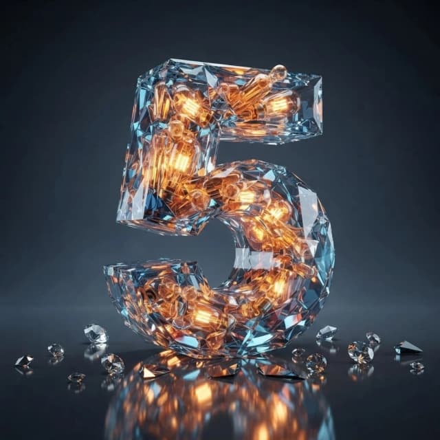 Применяй стиль с изображения 2 ( @image2 ) к изображению 1 ( @image1 );
Объёмная 3D цифра "5" на темном фоне, отражения от зеркальной поверхности, светится изнутри, кристаллы и зеркальные осколки на поверхности, разноцветный калейдоскоп.