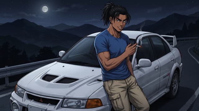 Initial D (Аниме), Сэйдзи Иваки (парень со смуглой кожей, мышцы, в синей рубашке и в бежевых штанах, короткие черные волосы с конским хвостиком, уверенный взгляд, курит) стоит радом с белой Mitsubishi Lancer Evolution IV, стоит на горной дороге, на фоне японских гор, ночь с луной, шедевр, крупный план, стиль аниме с реалистичными деталями