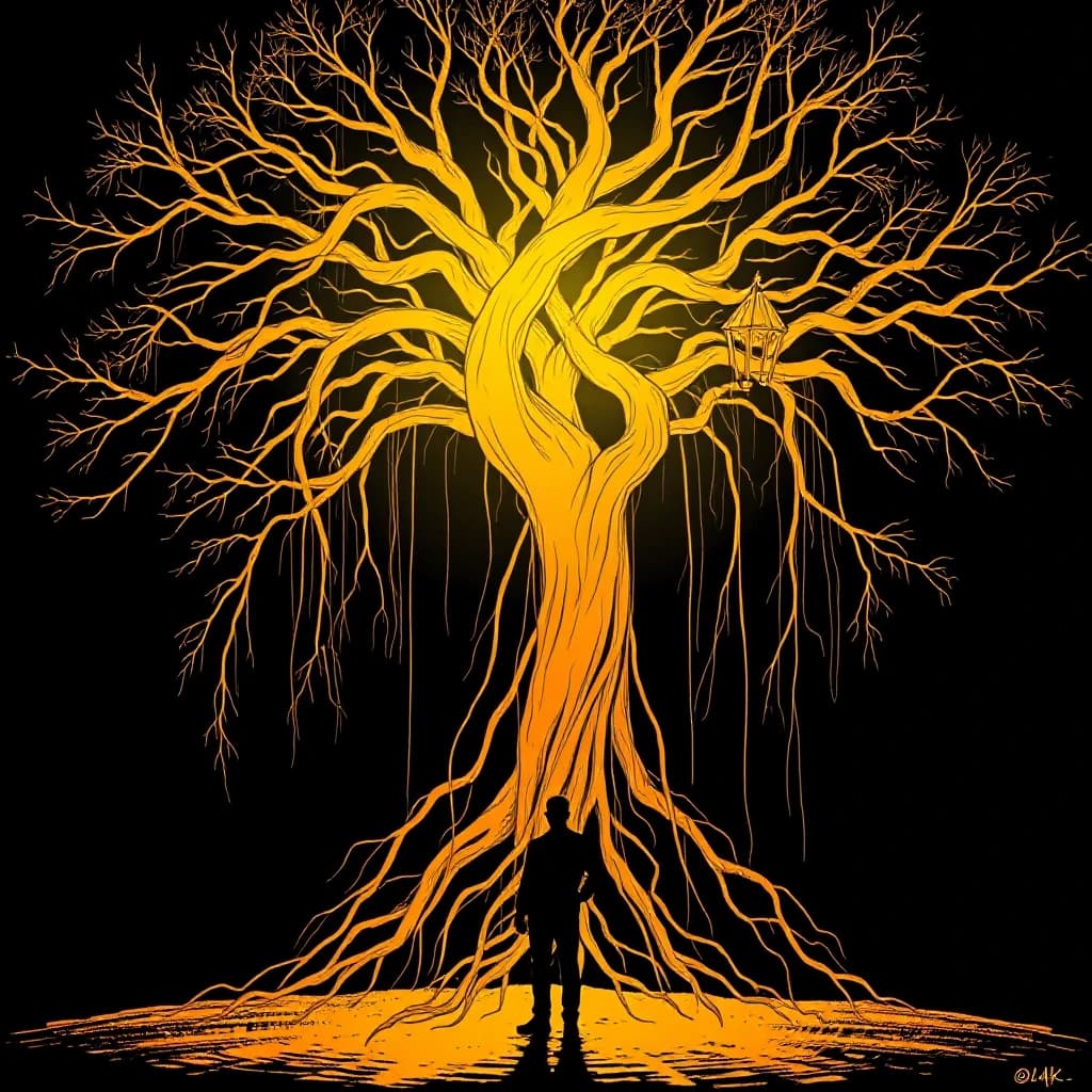 A human silhouette connected to a giant golden tree with roots stretching into darkness, comic book style with cinematic dramatic lighting, dark graphic novel aesthetic, bold black outlines, no text, no words, 4k