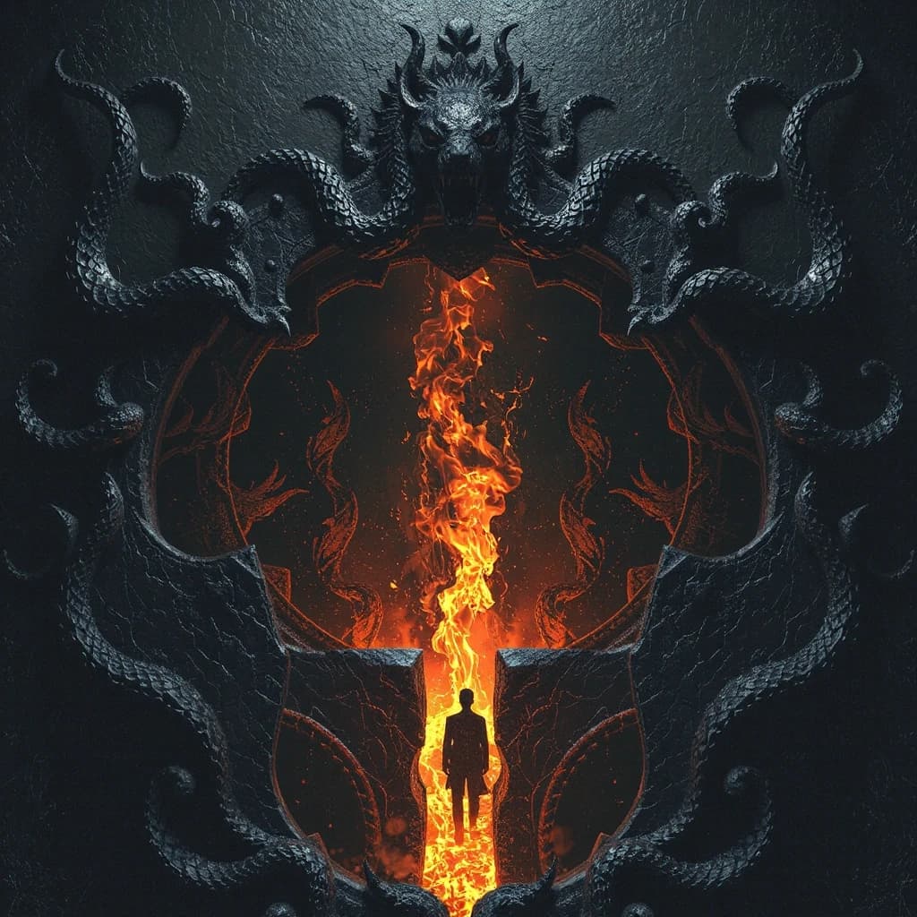 Ethereal dark fantasy concept art of (Masterpiece: 1.6, digital art:1.3, ultra-detailing:1.5). (A cursed portal mirror of Azeron: the frame is forged from blackened, cold iron and scales of petrified snakes, pulsating with an infernal orange inner fire). The surface is made of (deep, abyssal obsidian that ripples like a dark, viscous liquid). Instead of a reflection, it reveals glimpses of the Void: (drifting embers of stars, shadows of the three-tailed wolf-god, and cracked, desolate landscapes of the abyss). The mirror emits a palpable aura of ancient dread and suffocating heat, smelling of sulfur and ozone. It breathes with a slow, heavy rhythm, like a caged titan. This is a gateway to the deepest layers of existence, a prison and a weapon of an ancient entity. Transcendence and dark surrealism, dynamic and menacing composition, cinematic lighting, dramatic, mystical, and terrifying atmosphere. Perfect composition. Intricately detailed realistic high-resolution illustration. Style: dark fantasy, mysticism, occult surrealism. Cast: John Alexander, Moebius and Mohrbaecher, Beeple and Jean Giraud, Peter Mohrbaecher, Salvador Dalí, Jaime Henry, Alphonse Mucha, Frank Frasetta, Edward Corey. HDR. 8K --ar 3:4