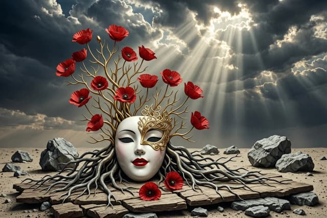 A powerful dark surrealist digital art illustration. In the center, a beautiful porcelain female mask with closed black eyes and vivid red lips rests on a cracked wooden and stone platform. Out of the mask grows a complex, ornate network of metallic golden branches and twisted, leafless grey roots. Blooming along these branches are numerous elegant, matte red poppy flowers with smooth petals. The mask is adorned with a delicate golden Venetian masquerade eye ornament that blends into the tree roots. The background features a desolate, barren desert landscape filled with grey boulders and stones, under an overwhelming, epic sky with dense, sweeping volumetric storm clouds pierced by soft sun rays. High-contrast chiaroscuro lighting, rich textures, moody philosophical atmosphere, cinematic composition, hyper-detailed, 8k, --ar 4:3.