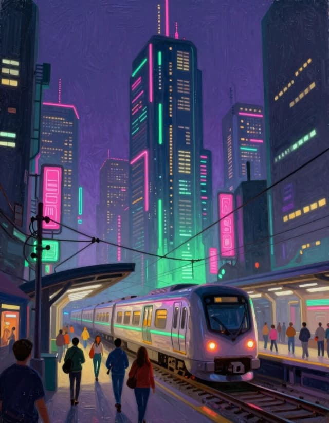 Generate an oil painting in a digital art style. A cyberpunk-style city at night featuring towering skyscrapers, neon signs, and illuminated buildings crisscrossed by a web of wires. In the foreground, set against the cityscape, a high-tech passenger train is depicted arriving at a station. People hurry along the city streets, busy with their own affairs. Key elements: digital-style skyscrapers, wires strung between buildings. Colors: purple, blue, green, pink.