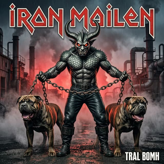 Кинематографичный фотореалистичный арт в духе Iron Maiden: демон с демоническими чертами (рога, горящие глаза, чешуя) уверенно удерживает цепи, на которых натянуты два мощных питбуля — они выглядят свирепо, рвутся вперёд, уши купированы, мышцы напряжены; цепи массивные, металл изношен; на фоне — тёмный индустриальный ландшафт, густой туман, зловещее красное свечение; контрастное освещение, глубокие тени, яркие блики; стиль классической метал‑обложки, насыщенные цвета, высокая детализация.