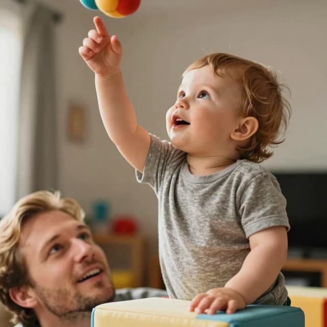 Close-up: a Caucasian toddler with light brown hair standing on a soft cube, reaching hand up to a hanging toy, his face showing delight and concentration. From below, a Caucasian dad with blond hair is spotting him but not helping, just ensuring safety. Blurred background, warm lighting. Realistic photo with bokeh effect.