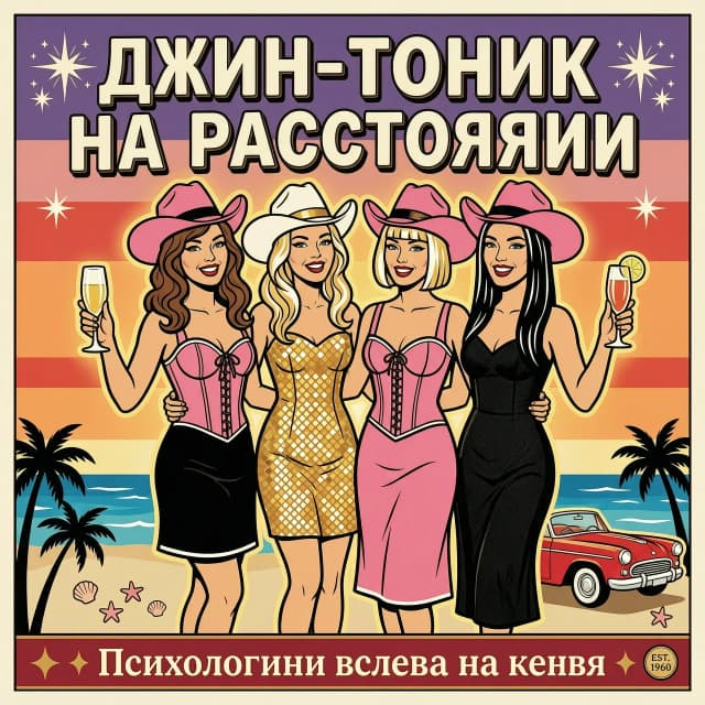Четыре подруги обнимаются и улыбаются , держат бокалы
Первая девушка в длинными волнистыми каштановыми волосами в  розовом  корсете и черной юбке  и в розовой ковбойской шляпе.
Вторая девушка в золотом блестящем платье с длинными волнистыми русыми и мелироваными волосами и в белой ковбойской шляпе.
Третья девушка в розовом корсете и розовой юбке , блондинка с каре и белой прядью волос в розовой ковбойской шляпе.
Четвертая девушка в черном платье с длинными прямыми черными волосами и в розовой ковбойской шляпе.
В стиле поп-арт , винтаж , ретро , постер 50-60-ых, закат, кабриолет, океан 

Vintage 1960s retro pop art, elegant glamorous woman silhouette with a sharp look, dramatic shadows, mystery and fashion vibe, graphic design
Сверху надпись жирным в стиле ну ара-винтажного поп-арта     ДЖИН-ТОНИК НА РАССТОЯНИИ 
Снизу надпись мелким шрифтом: Психологини всегда на связи