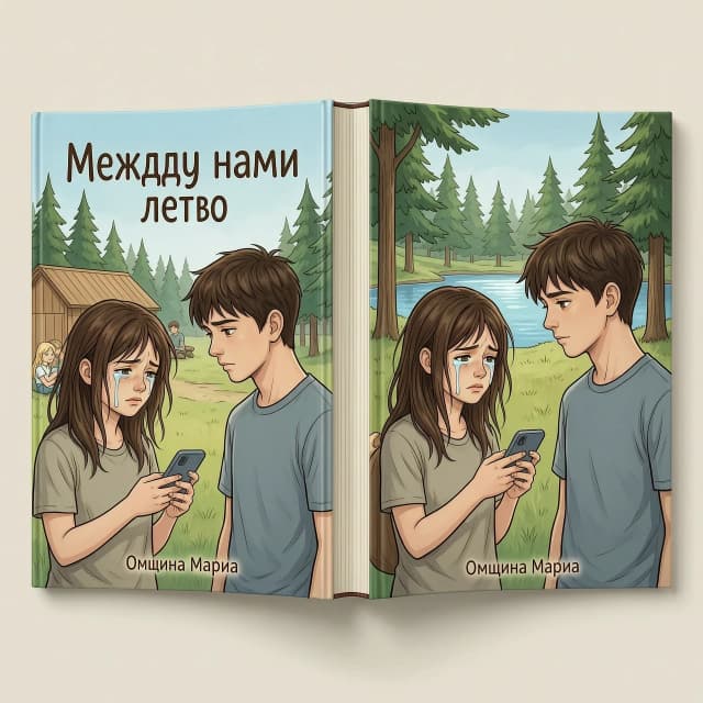 создай разворот книги (обложка, переплет и обратную сторону книги). Должен присутствовать летний вайб, возможно можно добавить девочку-подростка темно-русую ( у неё карие глаза и растрепанные волосы по плечи) она плачет смотря в телефон и зеркально мальчика-подростка ( брюнет с карими глазами) который смотрит на эту девочку влюбленно. На задний фон добавить девочку и мальчика подростков ( блондины с голубыми глазами) они должны обниматься. На фоне летний лагерь, корпус и сосновый бор с озером. Название книги: "Между нами лето" - сделать чуть выше середины (необычную надпись) Автор книги: Омшина Мария - почти в самом низу обложки Аннотация: В летнем лагере Маша, Паша, Дима и Милана переживают непростое лето: первые сильные чувства, ошибки и тяжёлые решения. Маша никак не может отпустить прошлое — воспоминания о расставании не дают ей двигаться вперёд. Нарастающее напряжение между парнями выливается в ссору: случайный удар Димы приводит к тому, что Паша теряет сознание. Попытки скрыть правду только запутывают ситуацию, и перед героями встаёт непростой выбор — сохранить ложь или сказать правду, рискуя всем. Это история о взрослении, цене поступков и о том, как важно не остаться в одиночестве в тяжёлые минуты.