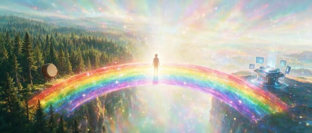 Rainbow bridge connecting two shores. On one - taiga and a drum, on the other - a digital altar and monitors. In the center - a silhouette of a person with closed eyes. Style: synthesis of two worlds, bright, glowing tones