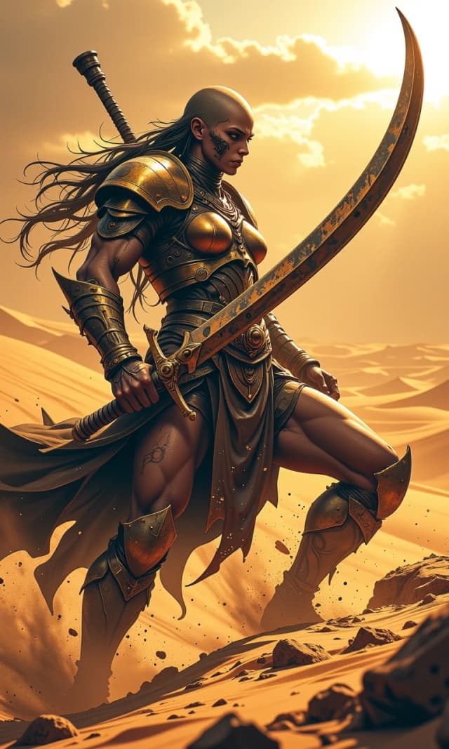 In full height! Evil fierce female warrior-slaver from a warlike desert tribe, bald woman with weathered skin and intense gaze, wearing primitive hand-forged bronze armor with ornate engravings and patina, wielding a heavy, battle-worn bronze curved sword, captured in a dynamic combat stance, mid-action movement. Background of a vast, scorching sun-drenched desert with swirling sand dunes and heat haze. Lighting: dramatic golden hour sunlight, high contrast, harsh shadows, rim lighting highlighting the muscles and metallic texture. Composition: low angle shot, heroic scale, shallow depth of field with blurred desert horizon. Artistic medium: epic fantasy concept art, highly detailed textures of scratched metal and gritty sand, 8k resolution, volumetric dust particles, intense and primal atmosphere. In full height! Half turned!