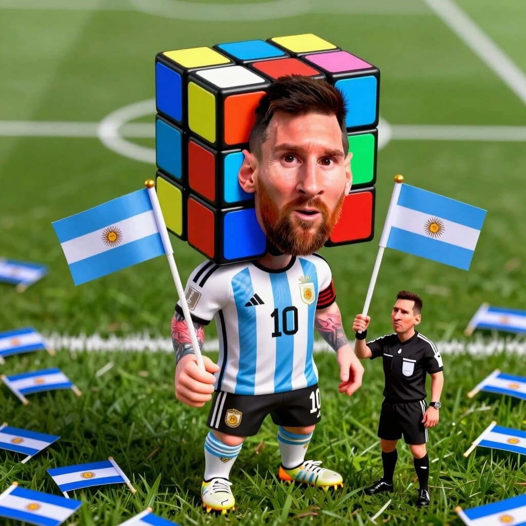 Hyper-realistic caricature of Lionel Messi as a living Rubik's Cube. His iconic head is a half-solved puzzle cube, with mismatched colored squares covering his famous face. His left leg is comically oversized, 3 times its normal size, with the word "MAGIC" tattooed on it. He holds a small Argentine flag in one hand and a confused referee in the other, looking at the camera with a mix of genius and chaos. Background: a football pitch where the grass is made of tiny Argentine flags. Absurd, colorful, hyper-detailed, 2:3 vertical. No text.
