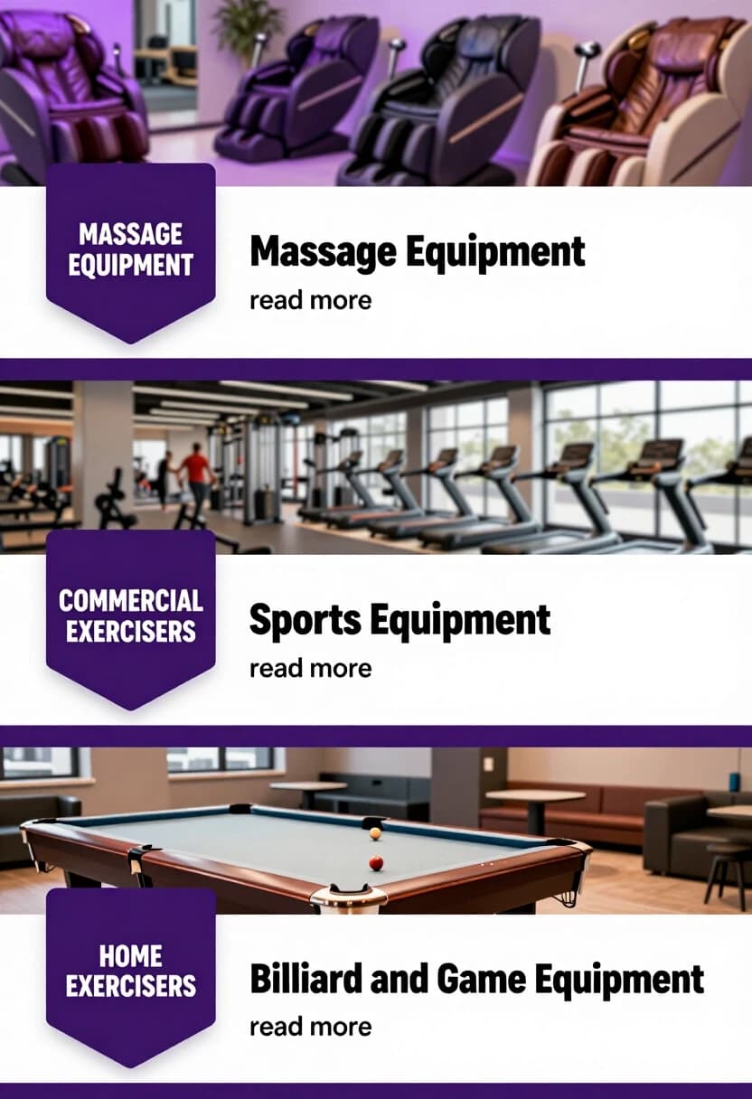 Vertical collage of THREE horizontal category banners stacked one below another, each banner is a separate promo block.
Each banner has: a photographic background image (blurred, premium), a purple hexagonal badge on the LEFT side with white text, and a white rectangular strip in the CENTER with large black text and a smaller "подробнее" link below.

Banner 1 (top): Background photo of a showroom with rows of modern massage chairs in purple light. Purple hexagon on the left with white text "МАССАЖНОЕ ОБОРУДОВАНИЕ". White strip in the center with black text "Массажное оборудование" and smaller "подробнее" below.

Banner 2 (middle): Background photo of a gym with modern fitness equipment. Purple hexagon on the left with white text "КОММЕРЧЕСКИЕ ТРЕНАЖЕРЫ". White strip in the center with black text "Спортивные тренажеры" and smaller "подробнее" below.

Banner 3 (bottom): Background photo of a billiard room with pool tables. Purple hexagon on the left with white text "ДОМАШНИЕ ТРЕНАЖЕРЫ". White strip in the center with black text "Бильярдное и игровое оборудование" and smaller "подробнее" below.

Style: clean, professional, premium, realistic photography, deep purple #4d1b74 accents, white text blocks, sharp typography, no watermark, high resolution.