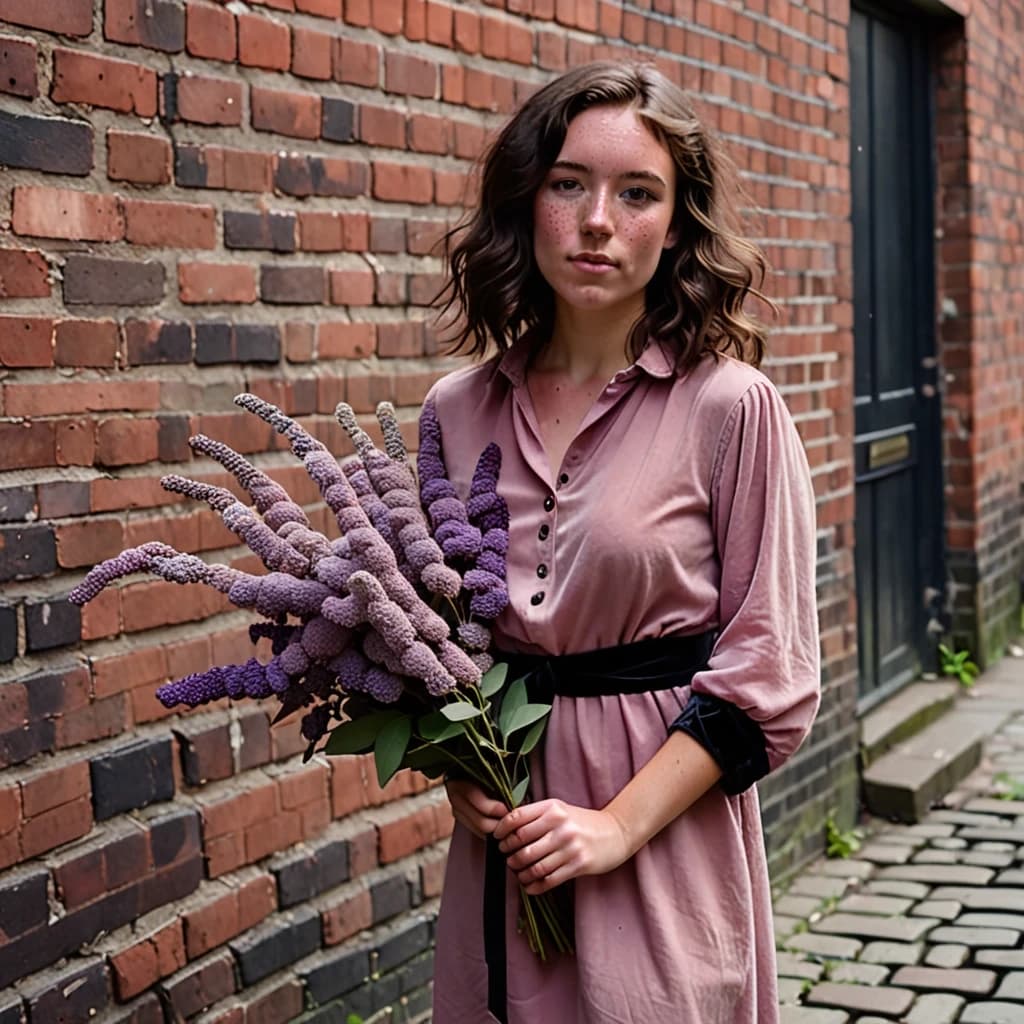A young woman with wavy dark brown hair and freckles stands against an old brick wall on a narrow city alley. She wears a dusty pink shirtdress with an asymmetrical hem and a black velvet belt; the sleeves are rolled up to the elbows. She holds a carelessly arranged bouquet of buddleia, a few sprigs slightly fallen. She doesn't look at the camera, but gazes thoughtfully at the graffiti on the wall, as if remembering something. The photo was taken on 35mm film, in warm daylight, with a slight grain, crisp textures of brick and fabric, and a medium depth of field: the figure is in focus, the edges of the frame are slightly softer.
