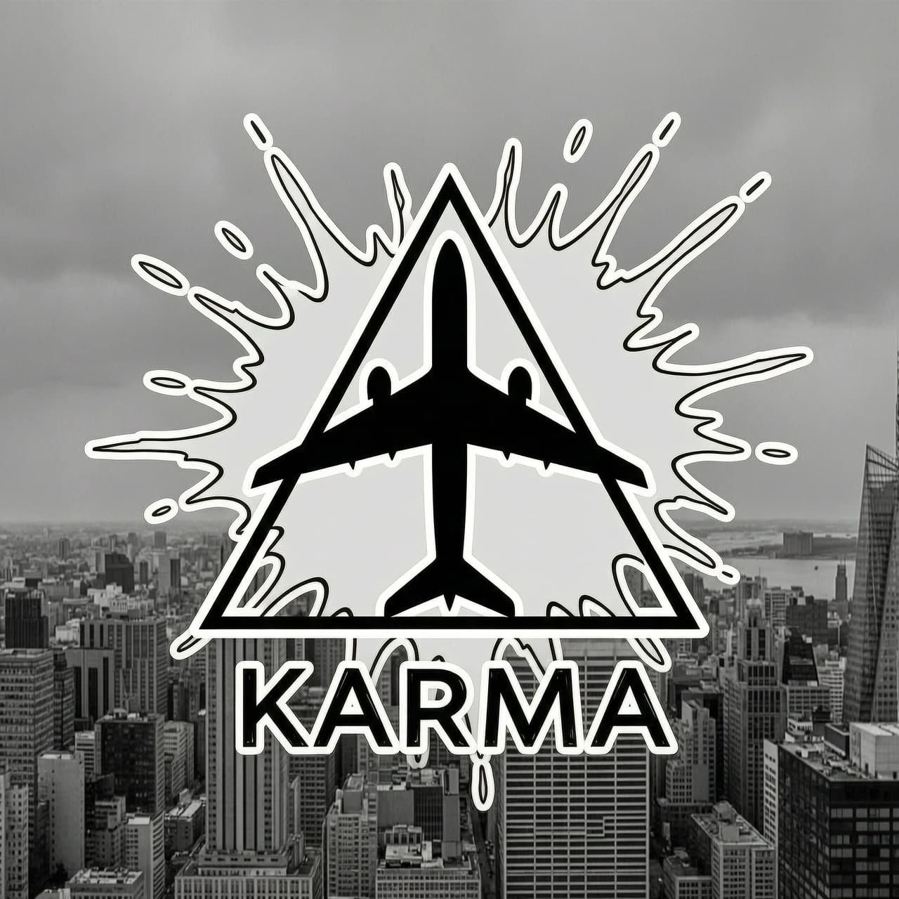 arafed image of a plane flying over a city with a triangle, spectacular splatter explosion, black and white logo, unique silhouettes, karma, symmetrical shape, white tracing, aeroplane, teleportation, profile image, disappearing