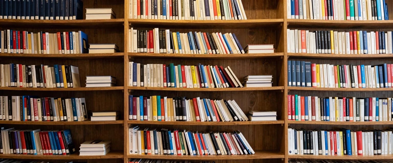 Книжные шкафы, заполненные книгами. Книги стоят и лежат, нет пустых мест.