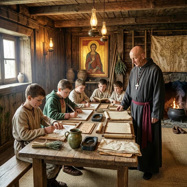 ученики древней руси сидят на уроке