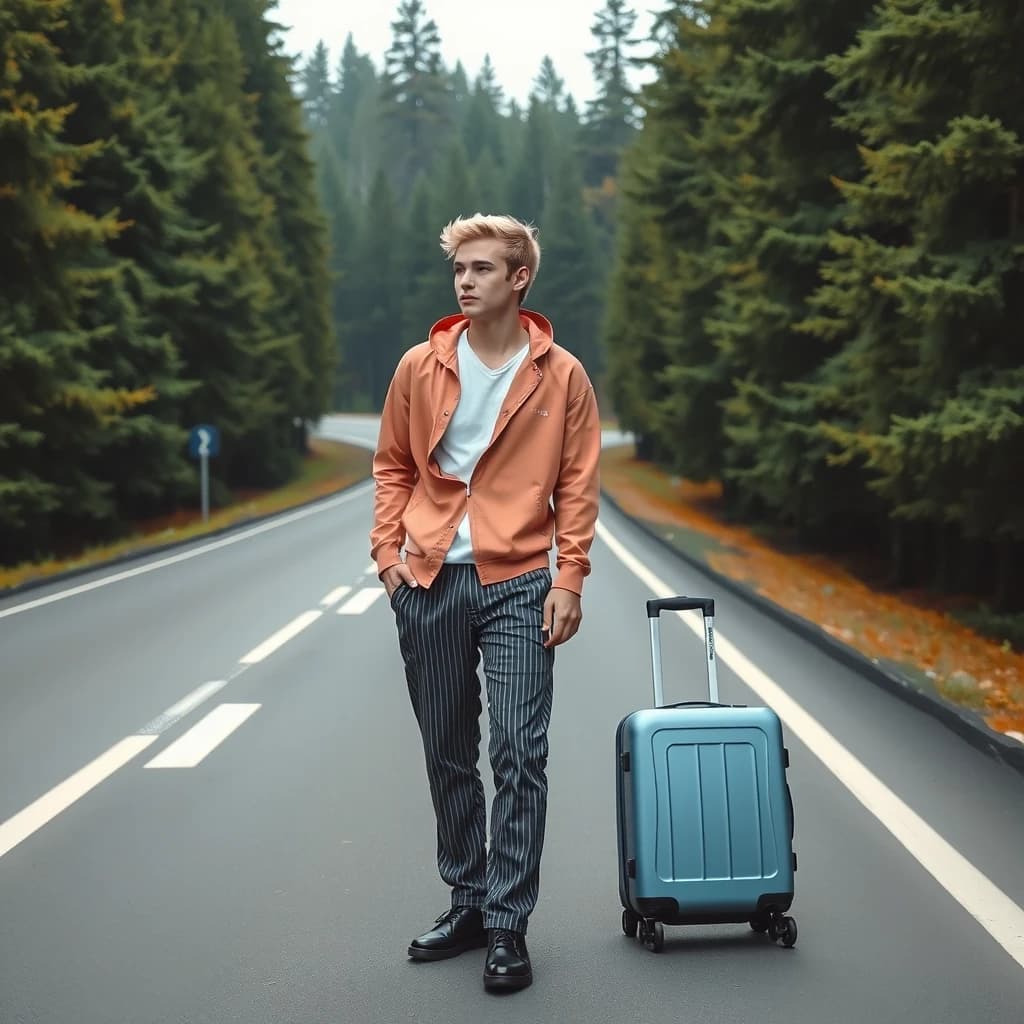A mystical illustration of a handsome young man in his 20s with blond hair and eyes standing on a highway in the middle of a pine forest. He's wearing striped pajama pants and a pink windbreaker, looking around, and next to him is a large blue rolling suitcase with a handle. High-quality image, attention to detail.