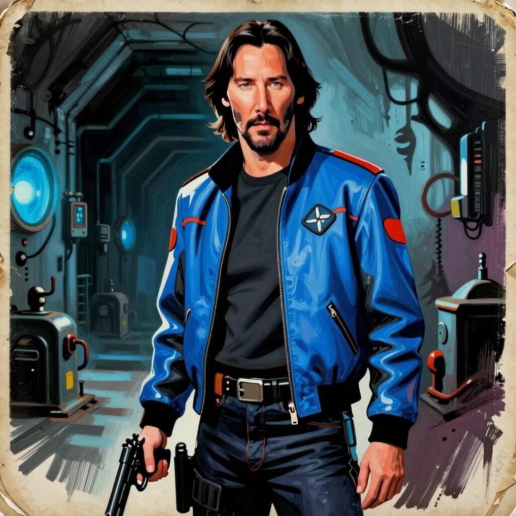 A 1980s-style masterpiece, featuring bold lines, dynamic brushstrokes, and rich textures, set against a nostalgic background, perhaps with subtle pulp-inspired patterns and vintage, worn textures reminiscent of paper, oil paintings. The hyperrealistic artwork features Keanu Reeves, with a handsome gaze and a vibrant tech-daring jacket with vibrant blue and black accents. He holds a pistol in his right hand, standing against the backdrop of a gloomy underground passage. The background is filled with strange shadows and machinery. The lighting is evening, and the eerie blue glow from the technical components illuminates his expression, confident and expectant. The composition evokes a film.
The aesthetic is inspired by cinema.