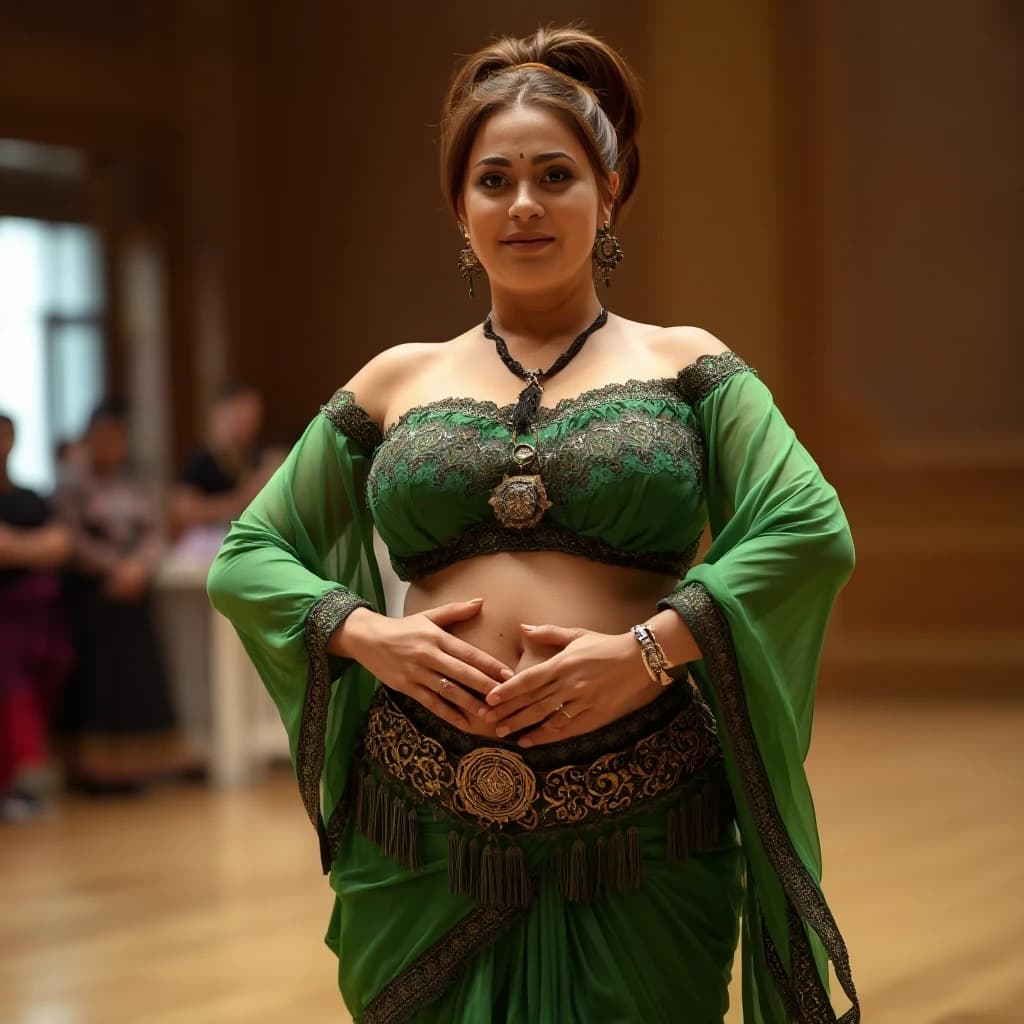 front view chubby belly dancer fifty years woman in green costume brown short ponytail hair stand in hall