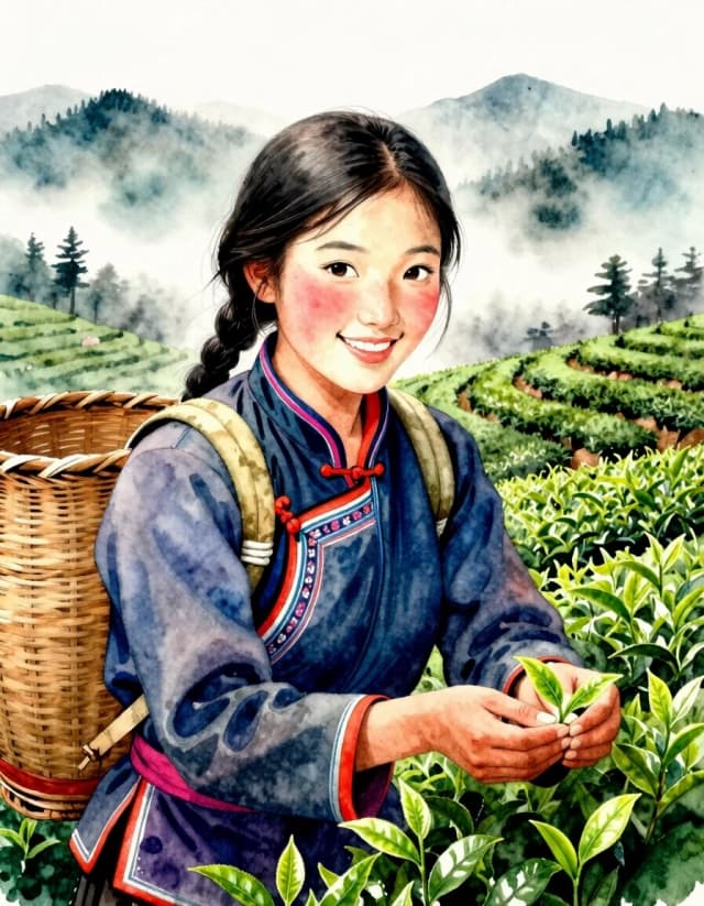 A masterpiece. Create an image. The style is watercolor painting. ((Tea plantations in the morning haze in the mountainous landscapes of Tibet. A beautiful young smiling Chinese woman with a basket on her shoulders, expressive eyes, clear facial features, pure white skin, collects a tea leaf and hands it to:1.6)). High resolution, high detail and clear texture. Close-up. High quality. Increased attention to small details. The aspect ratio is 3:4. The artist is Levitan.