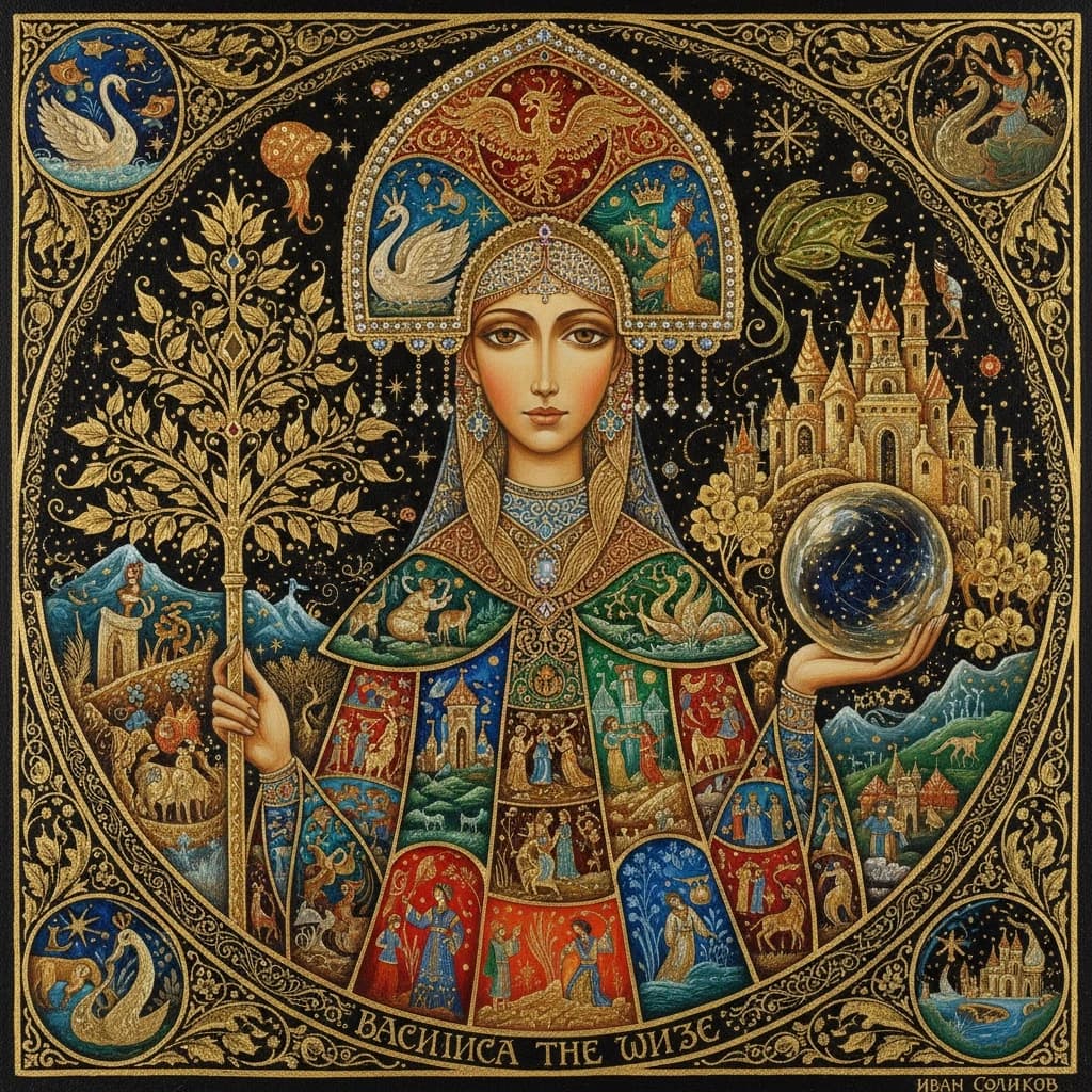 A masterpiece. Oil painting. ((Palekh miniature.Typical subjects of the Palekh miniature are borrowed from everyday life, literary works of classics, fairy tales, epics and songs. A number of compositions are based on the traditions of classical art. The works are usually done in tempera paints on a black background and painted in gold. Vasilisa the Wise.)). Close-up. High resolution. High quality. Increased attention to small details. Hyperrealistic surrealistic style, fantasy. Increased attention to the smallest details and texture. The author is Ivan Golikov.