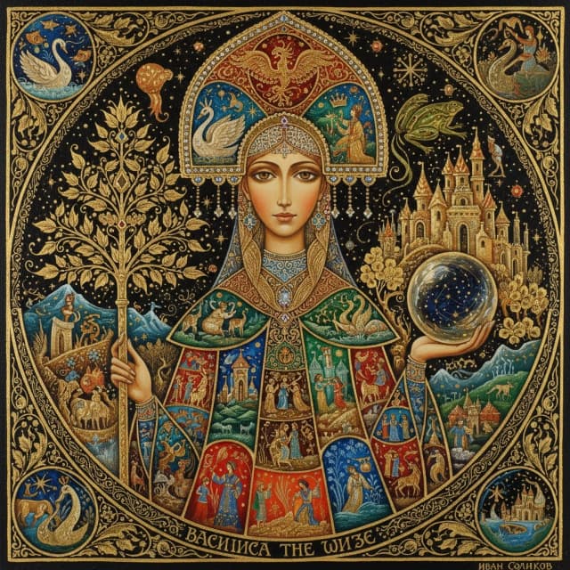 A masterpiece. Oil painting. ((Palekh miniature.Typical subjects of the Palekh miniature are borrowed from everyday life, literary works of classics, fairy tales, epics and songs. A number of compositions are based on the traditions of classical art. The works are usually done in tempera paints on a black background and painted in gold. Vasilisa the Wise.)). Close-up. High resolution. High quality. Increased attention to small details. Hyperrealistic surrealistic style, fantasy. Increased attention to the smallest details and texture. The author is Ivan Golikov.