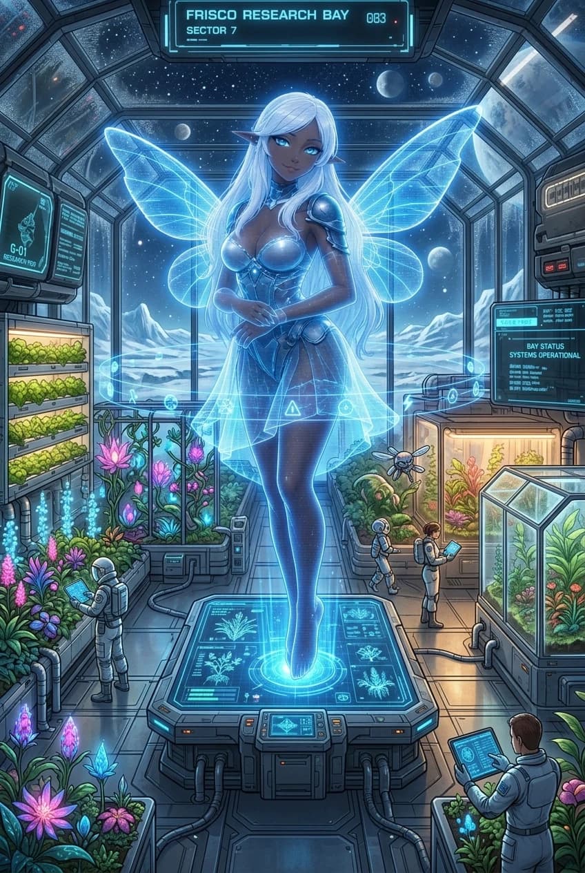 A detailed sci-fi concept art of a futuristic botanical greenhouse inside the Frisco Research Bay. Inside is a lush oasis with vertical hydroponic farms, glowing alien flowers, and dense green vegetation under soft pink and warm white grow lights. FRISCO's holographic AI avatar, a glowing blue digital fairy, hovers in the center. She controls a swarm of tiny pollinator drones the size of a human. The microdrones are equipped with precise electrostatic brushes that carefully collect and transfer glowing pollen from the flowers. Beside her, a female scientist in a lightweight tech suit and smart glasses holds a tablet with data, smiling and observing the process. In the background, a huge panoramic window offers a view of the frozen, snow-covered alien landscape outside. Cinematic lighting, intricate details, UI overlays, artbook style, high-tech sci-fi. --ar 4:3