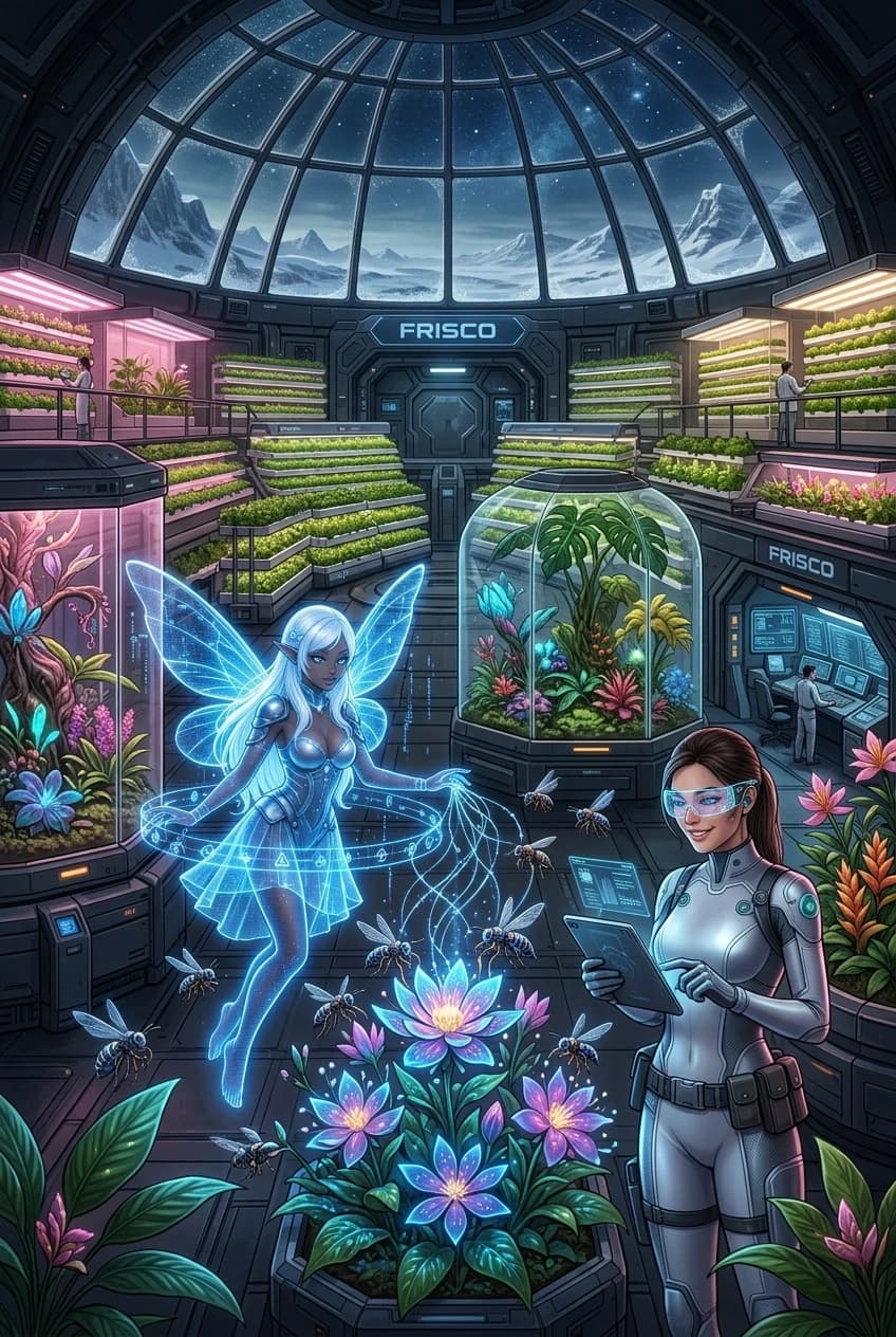 A detailed sci-fi concept art of a futuristic botanical greenhouse inside the Frisco Research Bay. Inside is a lush oasis with vertical hydroponic farms, glowing alien flowers, and dense green vegetation under soft pink and warm white grow lights. FRISCO's holographic AI avatar, a glowing blue digital fairy, hovers in the center. She controls a swarm of tiny pollinator drones the size of a human. The microdrones are equipped with precise electrostatic brushes that carefully collect and transfer glowing pollen from the flowers. Beside her, a female scientist in a lightweight tech suit and smart glasses holds a tablet with data, smiling and observing the process. In the background, a huge panoramic window offers a view of the frozen, snow-covered alien landscape outside. Cinematic lighting, intricate details, UI overlays, artbook style, high-tech sci-fi. --ar 4:3