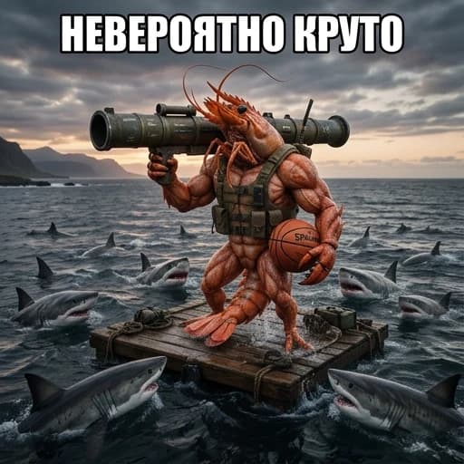 Надпись "невозможно круто" русским языком, мемным шрифтом и мегаперекачанная креветка с очень большой ракетницей на плече и баскетбольный мяч в руке и вокруг нее много акул, она на воде, все реалиастично и не мультяшное