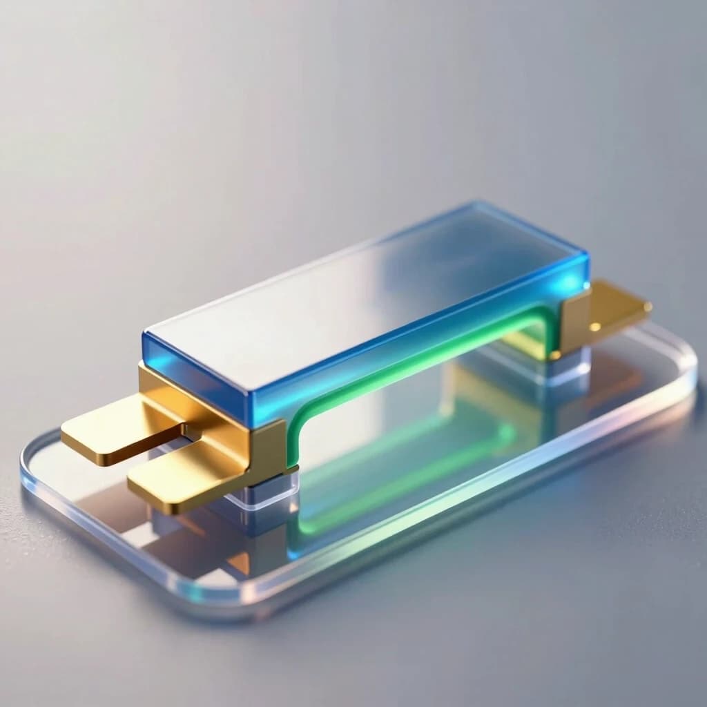 A hyper‑realistic scientific 3D illustration of a single organic field‑effect transistor with a bottom gate and top contacts of the following structure (thin layers from bottom to top): a flexible transparent polymer substrate, on top of it - a continuous metallic colored aluminum gate layer with a translucent blue layer of aluminum oxide dielectric on the top, a thin green single‑crystal organic semiconductor, on top of it - two flat gold contacts for the source (on the left) and the drain (on the right), with a distance between them that is 10 times greater than the thickness of the semiconductor layer. The device emits a slight internal glow, indicating the flow of current through the channel. Macro photography, extreme close‑up, shallow depth of field with focus on the active layers. Cold, directional studio lighting from above combined with soft backlighting from below through a substrate to accentuate the gate‑dielectric interface. Reflections with ray tracing, caustics, and electric field aura effects around the contacts. A clean, high‑tech atmosphere, a sterile environment, no contact pads. 8K resolution, complex microscopic details, photorealistic textures.