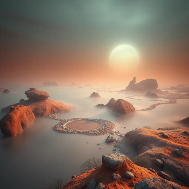 majestic, landscape of a Moorland from inside of a Terraformed Mars, it is very Gruesome, Foggy, Cosy, Atompunk, Ethereal Lighting, pov, ultra high res, designed by Luigi Loir, rich colors, stunning detail, highly complex, advanced cinematic perfect light, creative, intricate detail