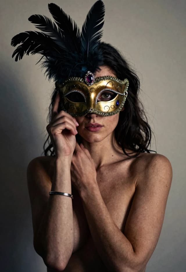 Masterpiece, best quality, ultra detailed, 8k, photorealistic, cinematic lighting, sharp focus.
A 25-year-old white woman with long dark wavy hair, holding an ornate Venetian mask adorned with feathers and precious gemstones that covers half her face. Her visible eye gazes directly at the viewer with intense emotion. She wears a simple metallic bracelet on her wrist. Tight intimate portrait framing, focus on face and upper torso.
Minimalist studio setting, colored. Soft directional lighting creating strong shadows behind her. Neutral controlled environment. High-contrast photography, dramatic chiaroscuro lighting, gritty textured realism. Emphasis on skin and mask details — feathers and gemstones catching light. Moody, introspective, surreal atmosphere. Shallow depth of field, cinematic composition. Artistic style reminiscent of contemporary portrait photography with symbolic, psychological undertones. Rendered with photorealistic precision and grainy film texture.
Correct anatomy. Two arms, two hands. No extra limbs. Natural proportions. 
8k, photorealistic, fine grain, no plastic look,
Camera: Medium format, 85mm, f/2.8, ISO: 100
