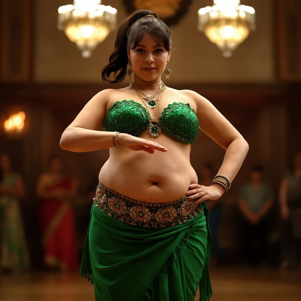 front view chubby belly dancer fifty years woman in green costume brown short ponytail hair stand in hall