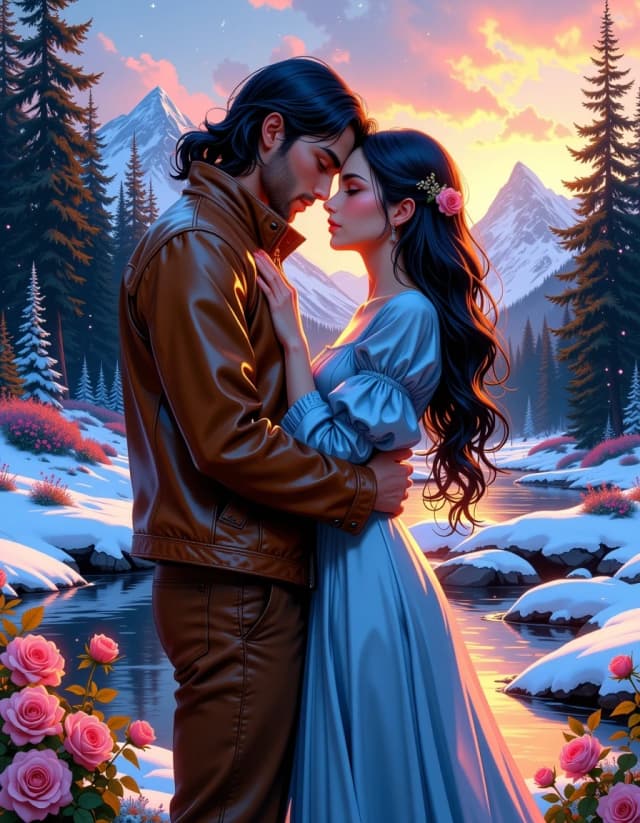 A masterpiece,  in the style of the 1980s, with bold lines, dynamic strokes and rich textures, on background with a touch of nostalgia, perhaps with subtle drawings inspired by cellulose and vintage, worn textures similar to paper, oil painting, A romantic fantasy scene of a young couple embracing in a snowy alpine valley at dusk, full-body vertical composition, the man tall with long dark blue hair and a fitted brown leather jacket and trousers, the woman in a flowing antique blue gown with delicate stitching and soft pleats, their foreheads touching in a tender, protective embrace; surrounded by blooming roses and wildflowers dusted with snow along a reflective river, snow-capped pine mountains in the background, pastel aurora borealis and twinkling stars overhead, warm golden backlight and soft volumetric god rays illuminating their faces and hair. Hyperrealistic yet painterly, cinematic lighting, shallow depth of field with creamy bokeh, ultra-detailed skin textures, fabric weave, leather grain and floral petals, high dynamic range, 8k quality, soft film grain, romantic fairy-tale mood, intricate rim lighting, subtle lens flare, natural color palette with warm golds, cool blues and soft pinks, finely composed, symmetrical framing. hdr
