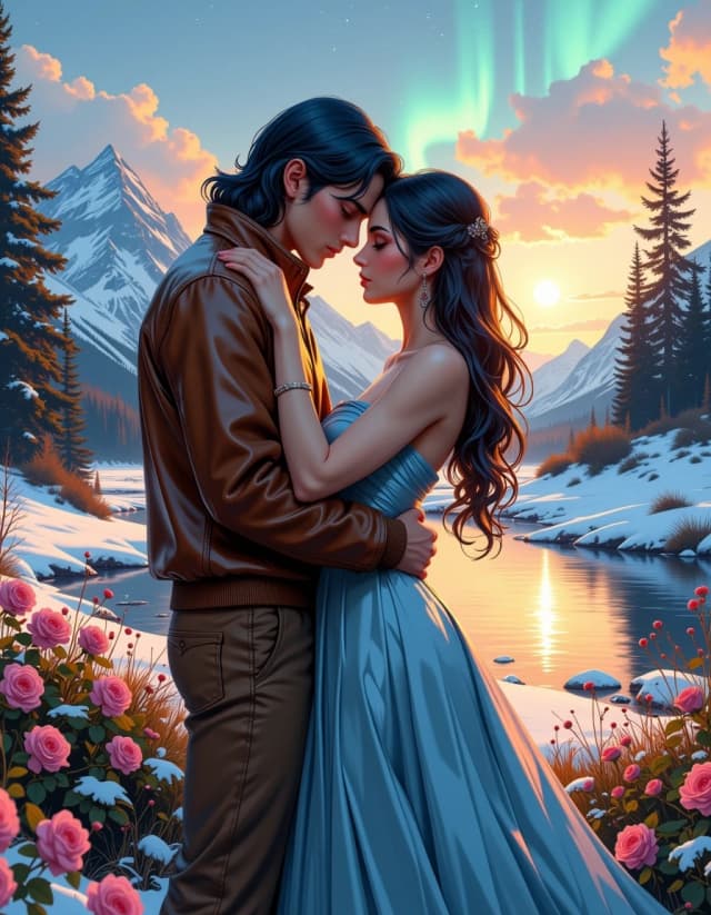 A masterpiece,  in the style of the 1980s, with bold lines, dynamic strokes and rich textures, on background with a touch of nostalgia, perhaps with subtle drawings inspired by cellulose and vintage, worn textures similar to paper, oil painting, A romantic fantasy scene of a young couple embracing in a snowy alpine valley at dusk, full-body vertical composition, the man tall with long dark blue hair and a fitted brown leather jacket and trousers, the woman in a flowing antique blue gown with delicate stitching and soft pleats, their foreheads touching in a tender, protective embrace; surrounded by blooming roses and wildflowers dusted with snow along a reflective river, snow-capped pine mountains in the background, pastel aurora borealis and twinkling stars overhead, warm golden backlight and soft volumetric god rays illuminating their faces and hair. Hyperrealistic yet painterly, cinematic lighting, shallow depth of field with creamy bokeh, ultra-detailed skin textures, fabric weave, leather grain and floral petals, high dynamic range, 8k quality, soft film grain, romantic fairy-tale mood, intricate rim lighting, subtle lens flare, natural color palette with warm golds, cool blues and soft pinks, finely composed, symmetrical framing. hdr