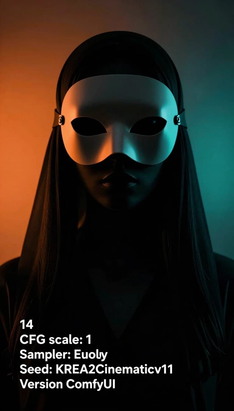 an image with the style of zoom layer and inspired by the works of artist Geoff Darrow, a faceless woman, deep in shadow. The camera peers through one of the mask's eyeholes, revealing the sharp, dark silhouette of the head of the shapeless, ghostly figure. Her face is a void—an endless, smooth, pitch-black nothingness where her features should be,the lighting effect is cinematic orange and teal color grading, image heavily emphasizes the unique style of the artist.
Steps: 14, CFG scale: 1, Sampler: Euler, Seed: 20, Model: KREA2Cinematicv11, Version: ComfyUI