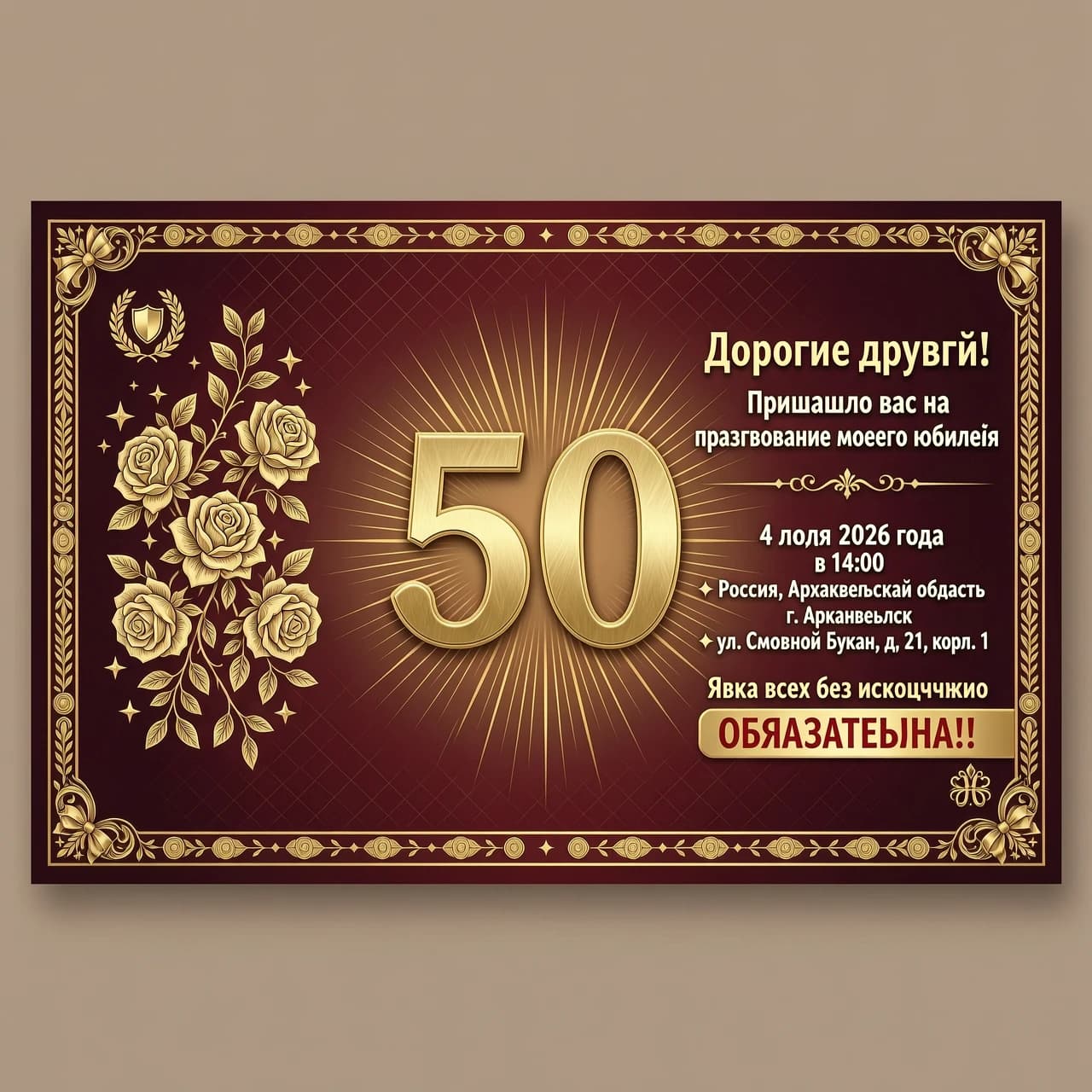 пригласительная открытка на 50-летний юбилей. Золотой юбилей. Современный праздничный дизайн.  цифры 50 в центре. Праздничная, торжественная атмосфера. Горизонтальная ориентация. Высокое качество, детализация. Надпись: Дорогие друзья! 
Приглашаю вас на празднование моего юбилея, которое состоится 4 июля 2026 года по адресу: Россия, Архангельская область, г. Архангельск, ул. Смольный Буян, д. 21, корп. 1  в 14.00.
Явка всех без исключения 
ОБЯЗАТЕЛЬНА!!!